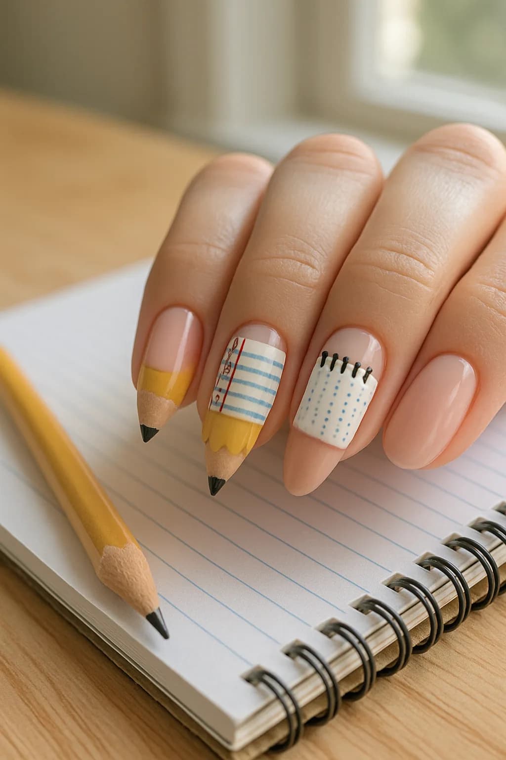 Close-up of nail art featuring tiny pencil and notebook designs on a pastel background, showcasing vibrant colors and intricate details.