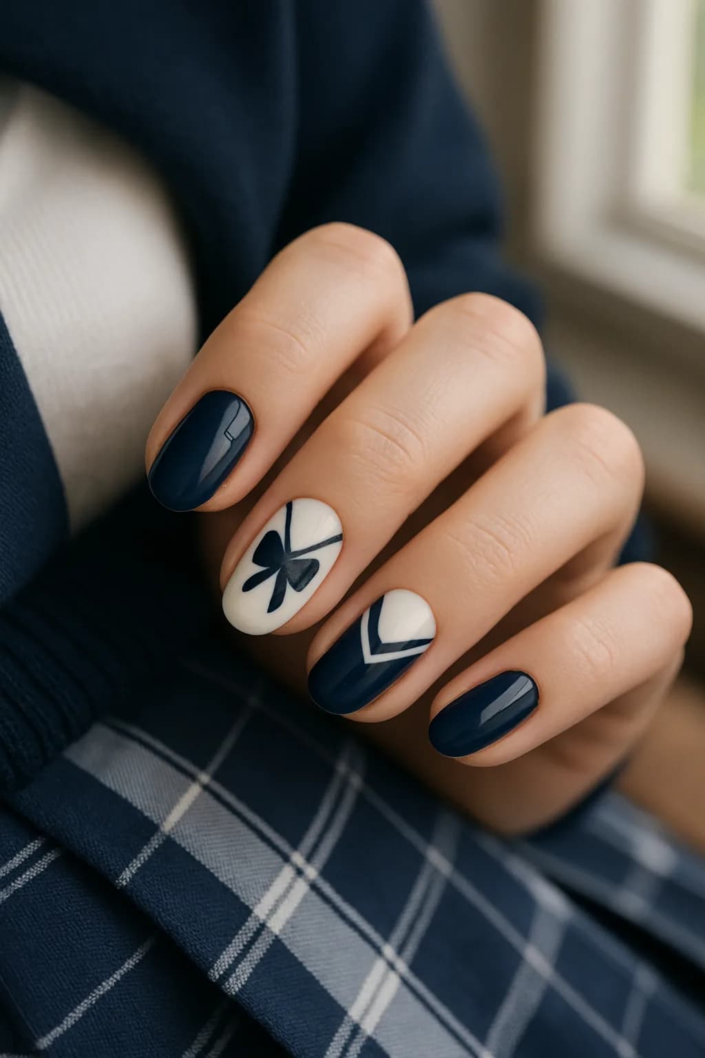 Close-up of nails painted navy blue with white geometric patterns, resembling a school uniform theme.