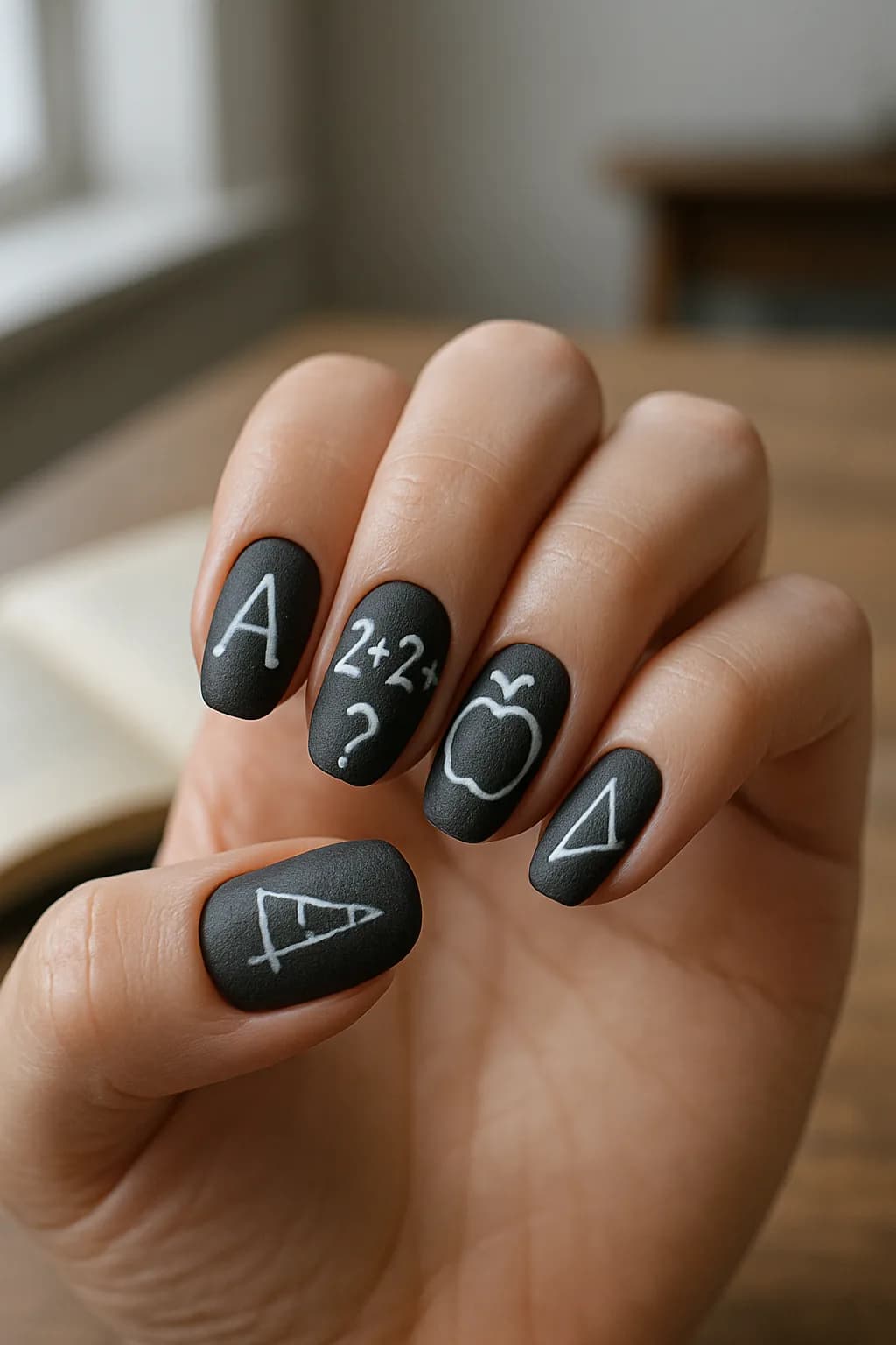 Close-up of matte black nails adorned with white doodles including stars and shapes, styled for a school-themed nail art concept.