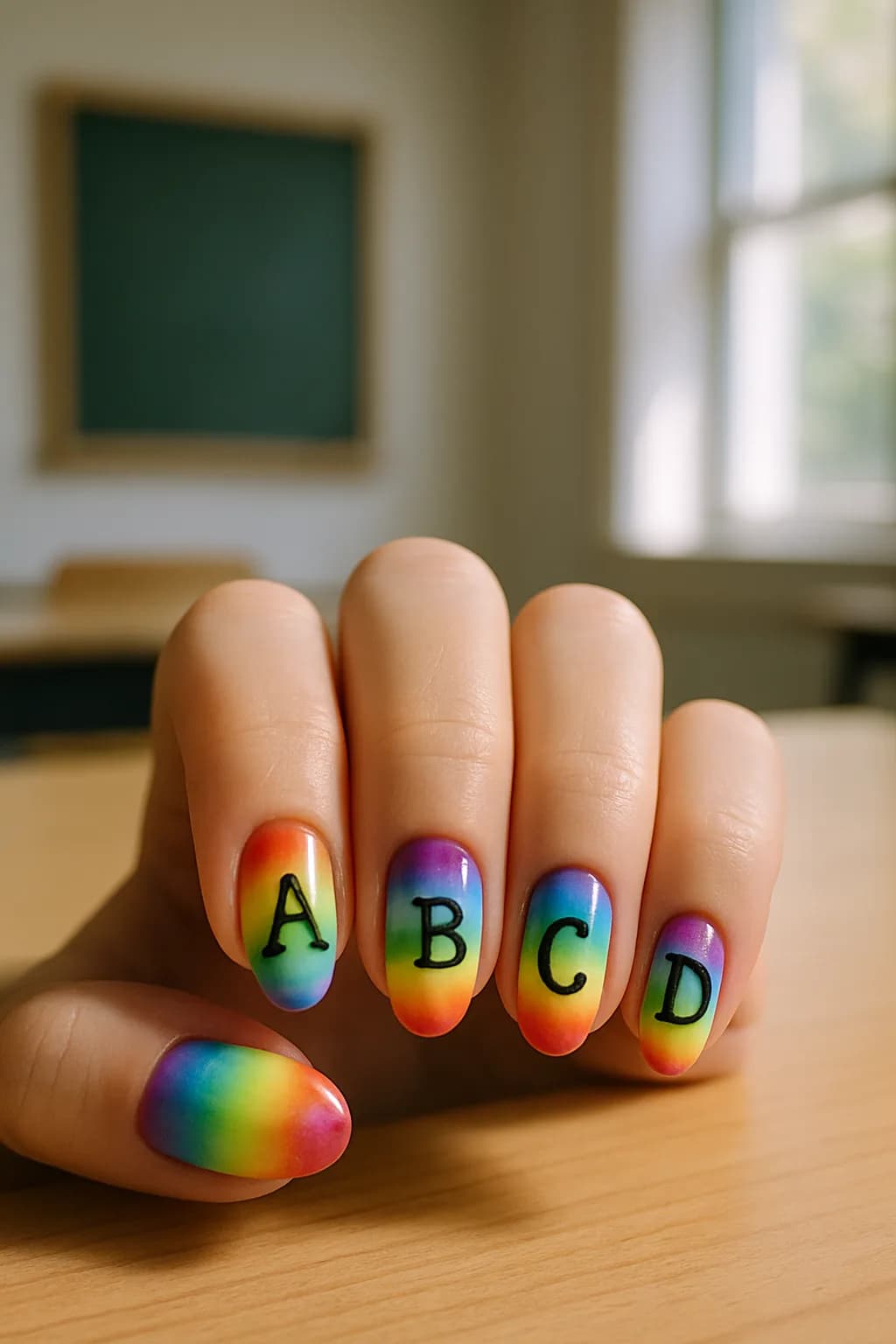 A close-up of multicolored nails featuring letters of the alphabet, each painted in bright rainbow hues with a glossy finish.