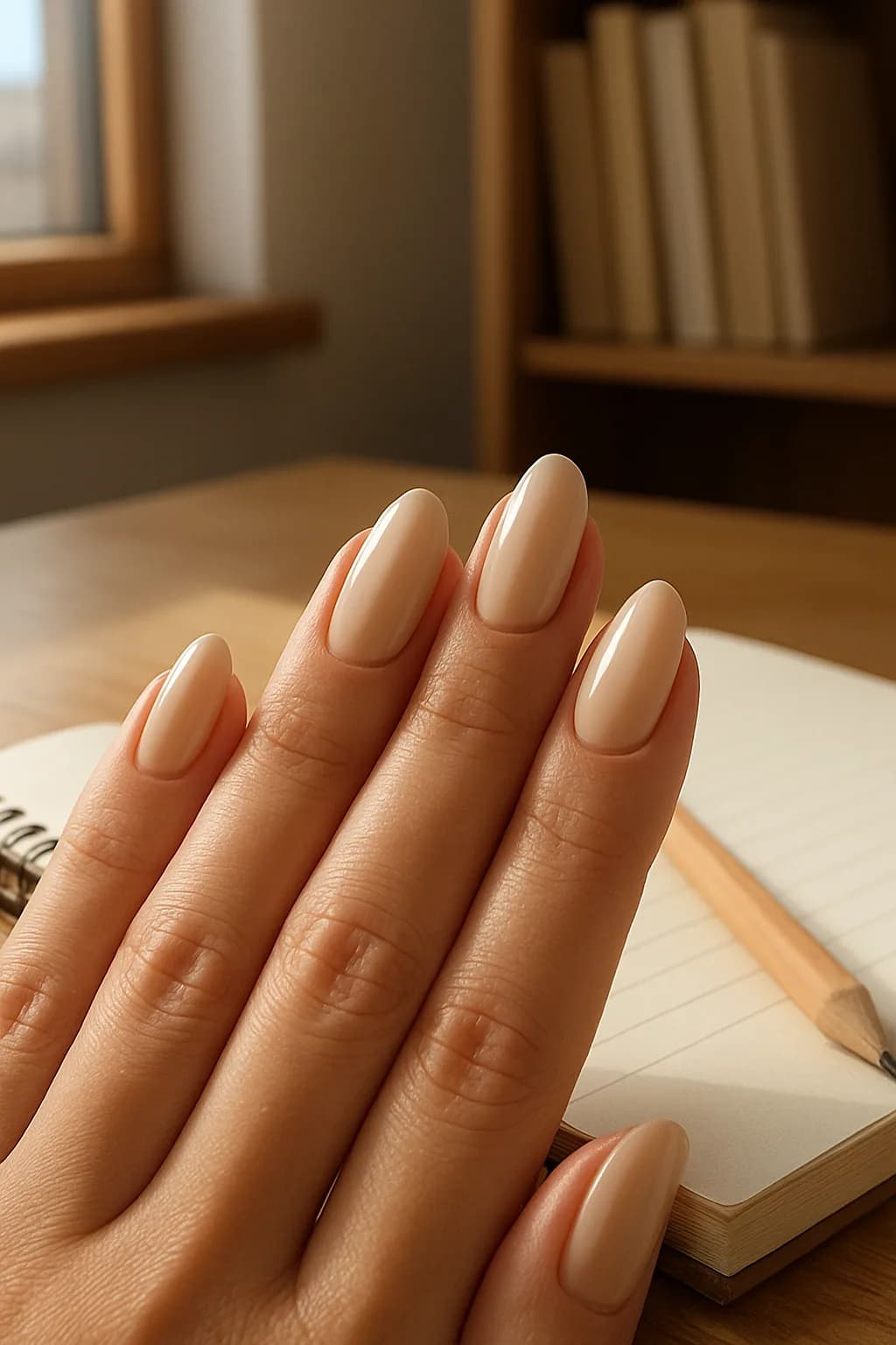 Close-up of short, matte beige nails with a minimalist design, featuring clean lines and a subtle sheen, set against a soft white background.