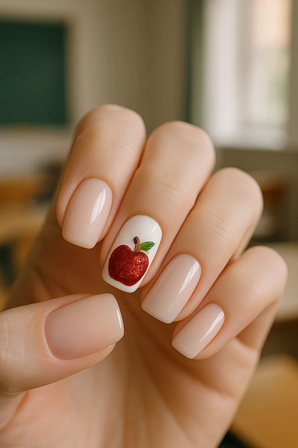 A close-up of a red apple accent nail decorated with gold glitter, featuring a green leaf, surrounded by soft pastel colors resembling a classroom theme.