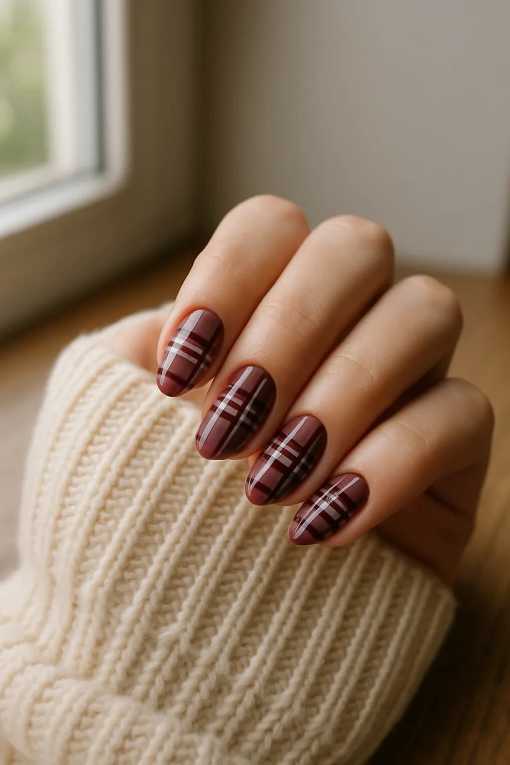 Close-up of nails painted with a burgundy plaid pattern, resembling a school skirt design, set against a light background.