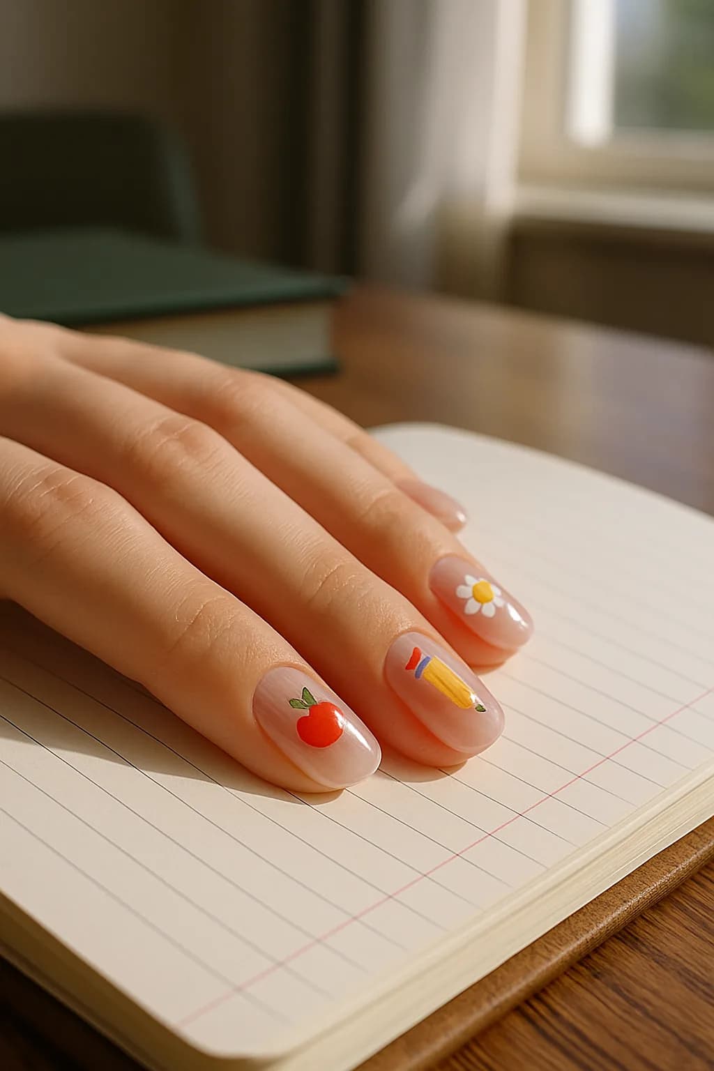 A close-up of clear jelly nails featuring colorful sticker charms, showcasing a glossy finish and intricate nail art design.