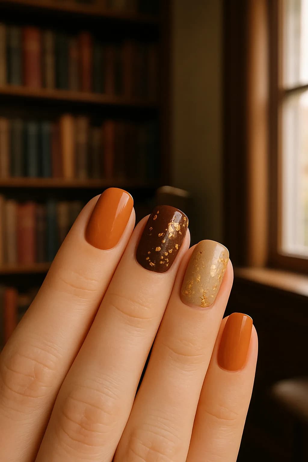 Close-up of nails painted in autumn colors, with gold foil details adding a touch of elegance to the design.
