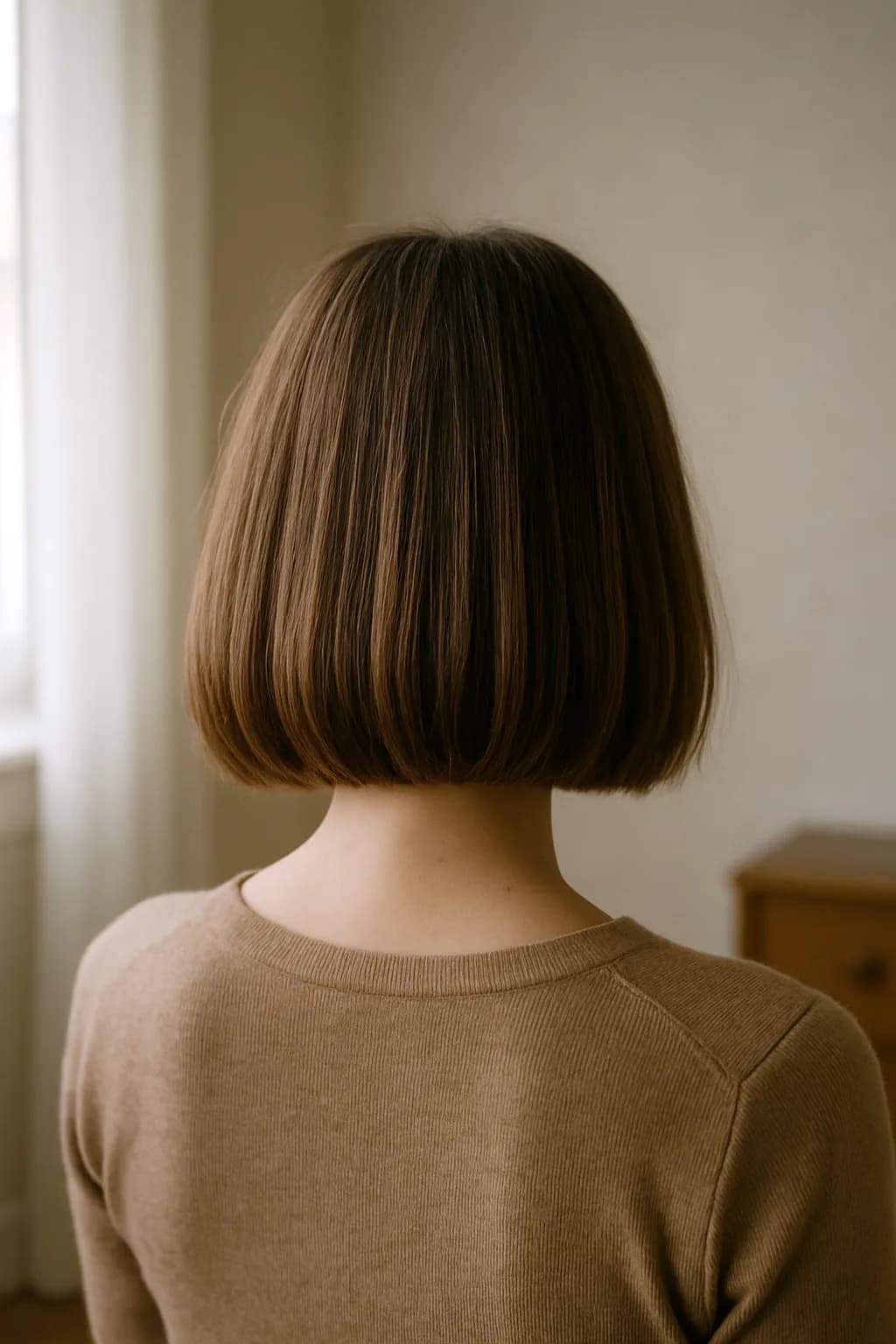 A woman with a blunt collarbone bob hairstyle in honey blonde, styled with soft waves, set against a neutral background.