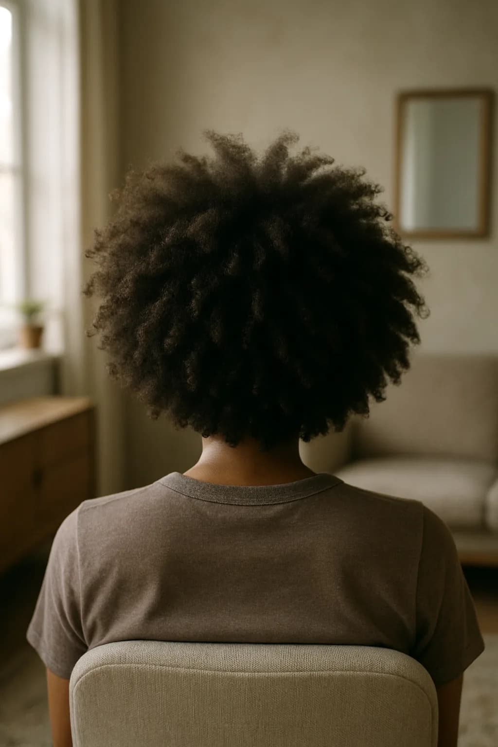 A close-up view of a voluminous curly afro hairstyle, showcasing rich textures and deep brown tones against a warm skin tone.