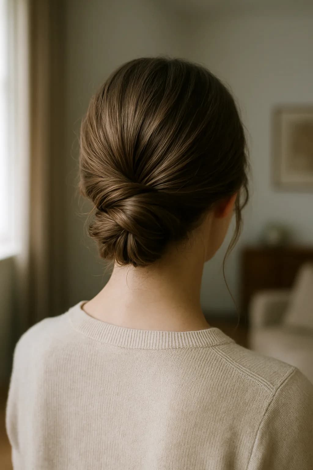 A low twisted chignon hairstyle, featuring soft, textured strands and warm golden highlights, elegantly styled against a neutral background.