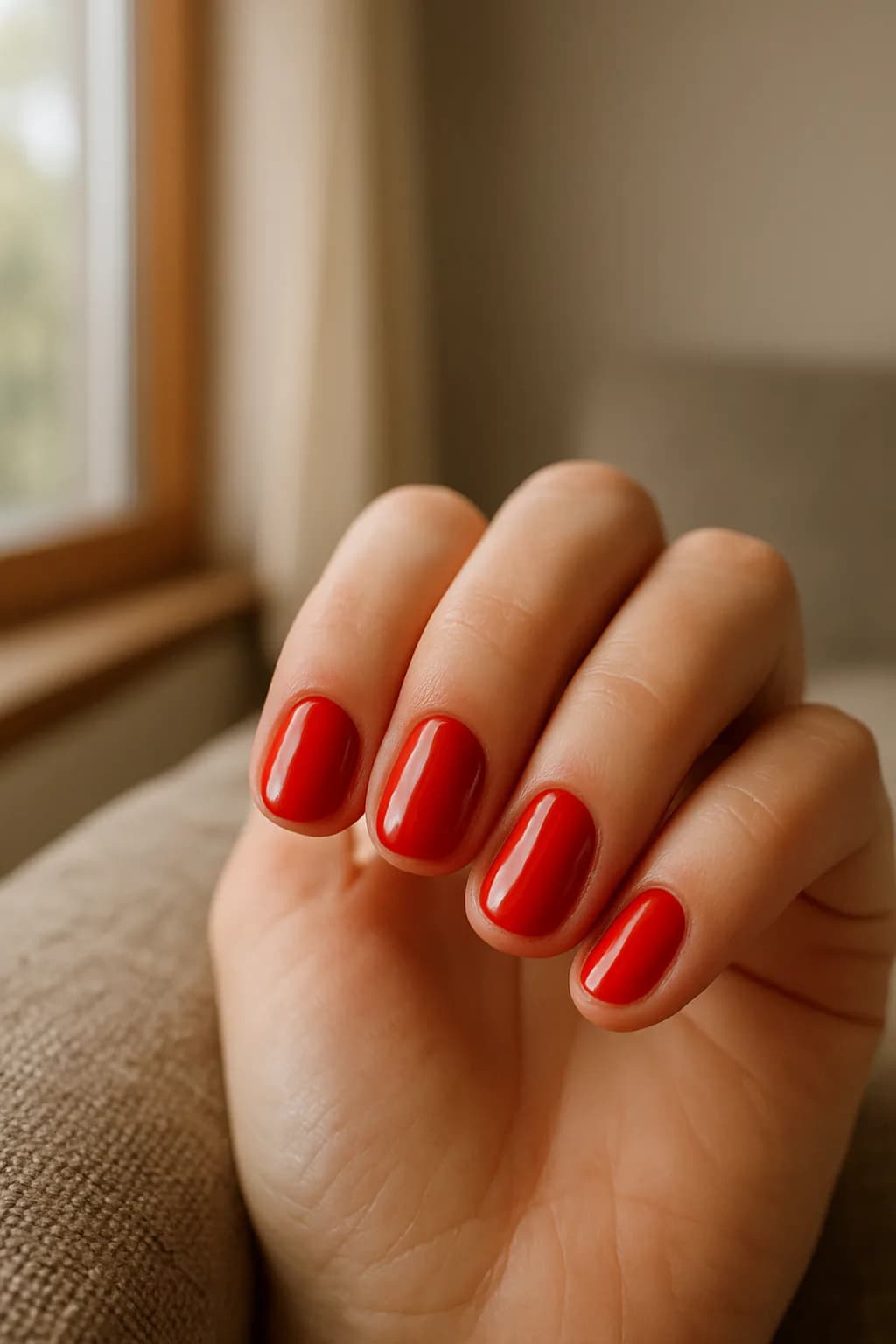A close-up view of short oval nails painted in glossy red polish, illuminated by natural light, showcasing their smooth texture.