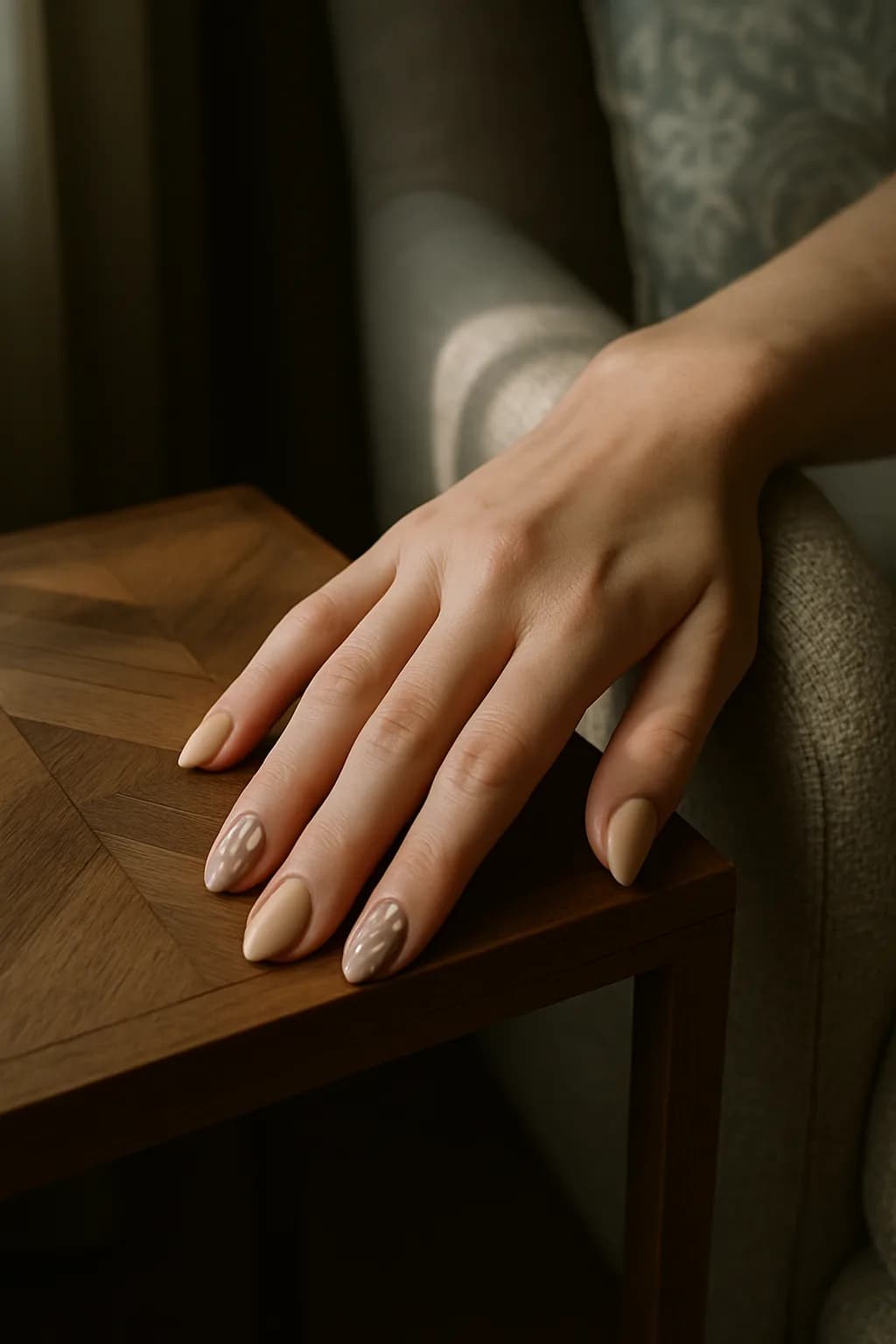 Close-up of almond-shaped nails featuring various pastel colors and patterns, with moody shadows creating a dramatic effect.