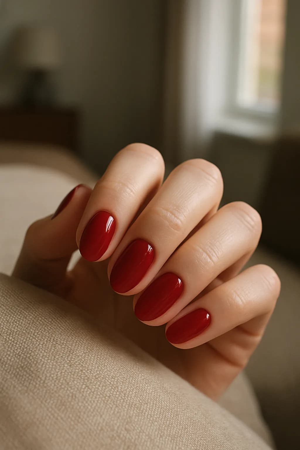 A close-up of short, almond-shaped nails painted solid red, illuminated by studio light, emphasizing their glossy finish.