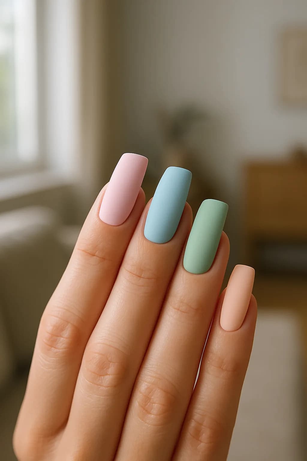 A close-up of long, square nails painted in pastel colors including lavender, mint green, and pale pink, illuminated by natural light.