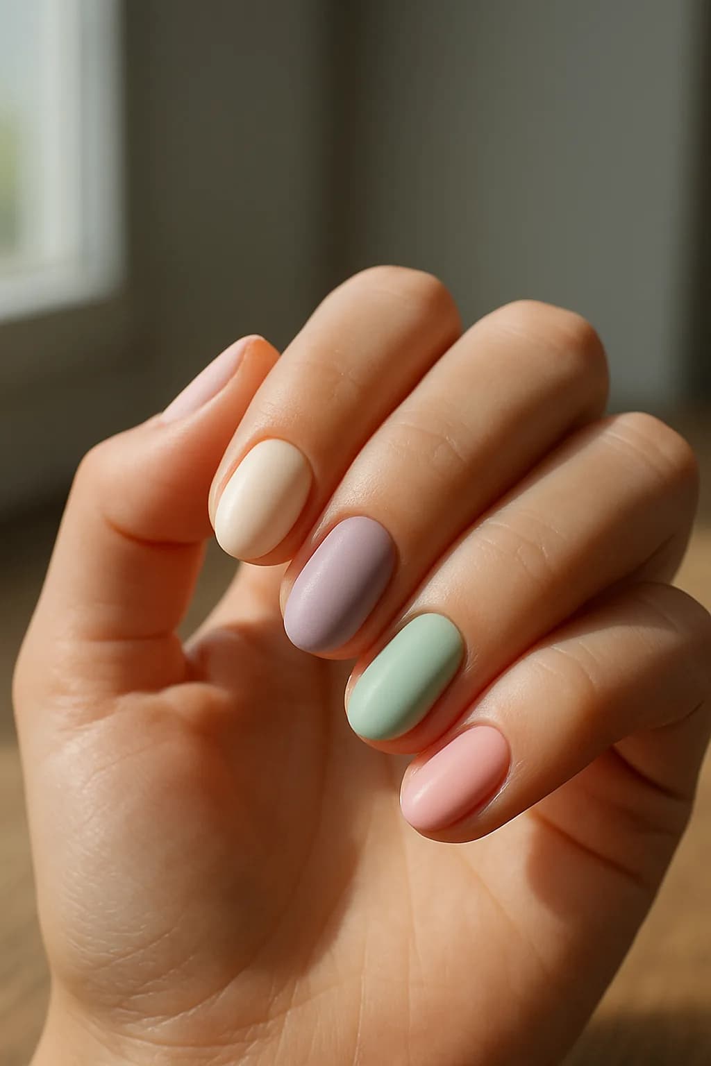 A close-up view of short, oval-shaped nails painted in pastel colors with intricate designs, illuminated by soft studio lighting.