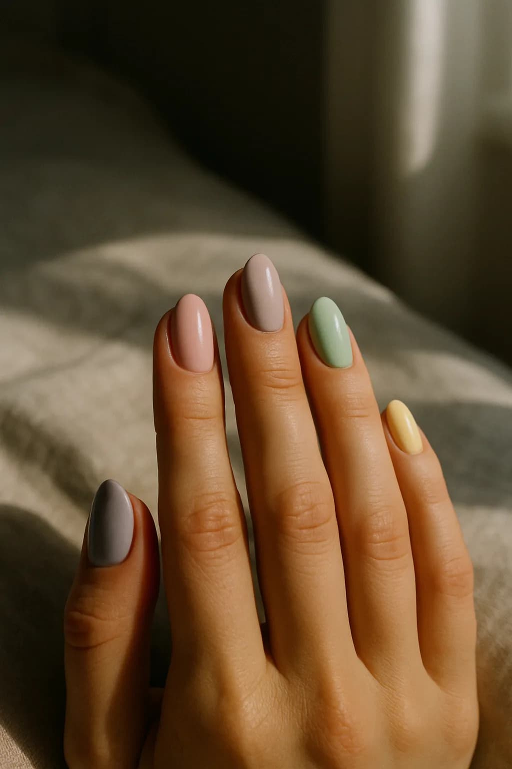 Close-up view of short almond-shaped nails adorned in pastel colors with visible shadows creating a dramatic effect.