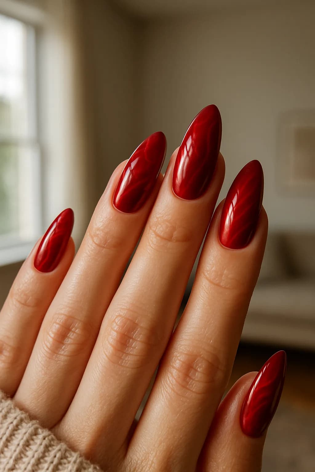 A close-up of long almond-shaped nails painted red, featuring intricate white and gold patterns, illuminated by soft studio lighting.