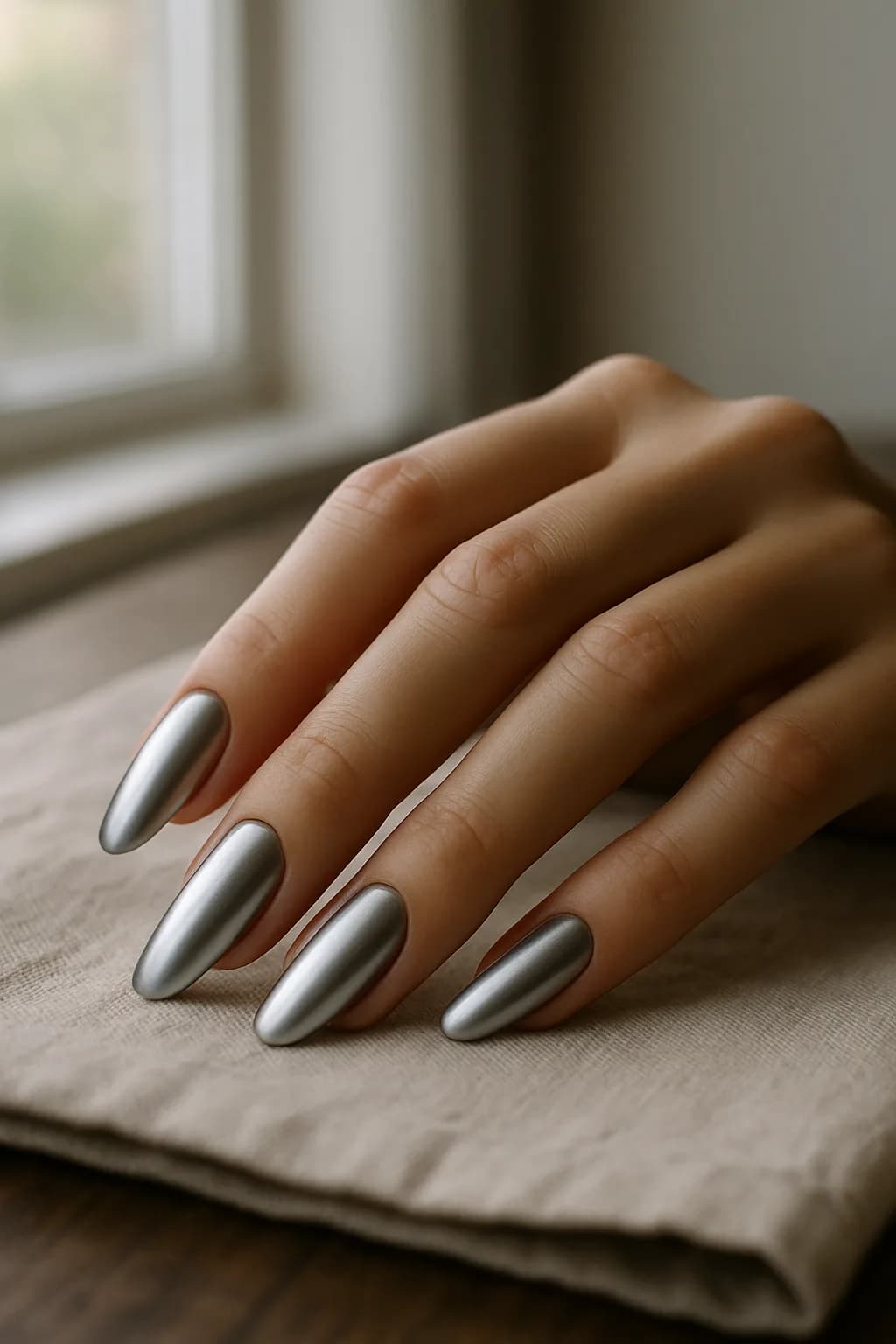 A close-up of long, oval metallic nails reflecting light in a studio setting.