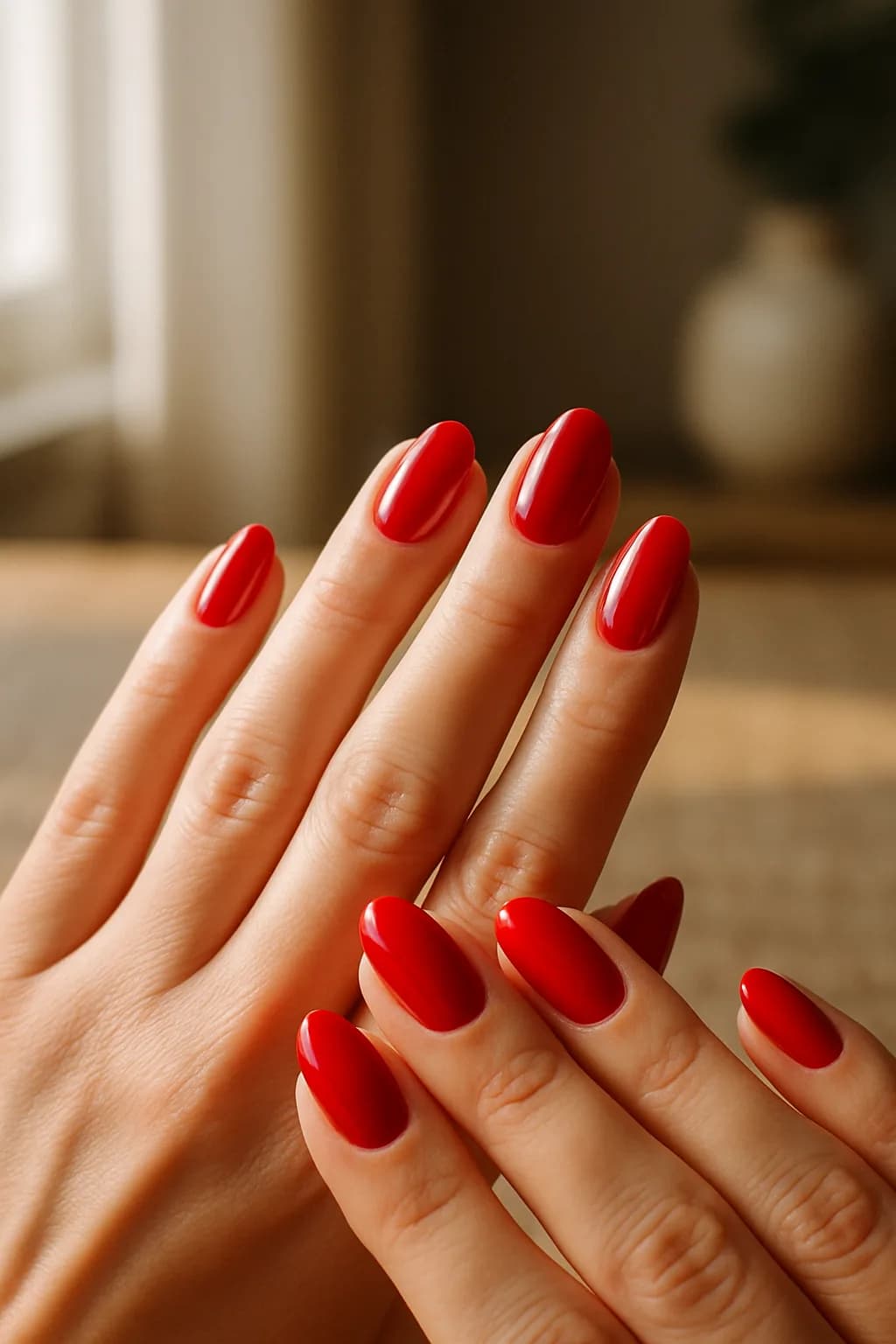 A close-up of medium oval-shaped nails painted bright red, displayed under natural light to emphasize their glossy finish.