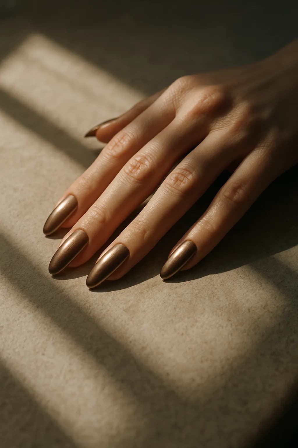 Long, almond-shaped nails with a metallic finish casting dramatic shadows on a soft background.