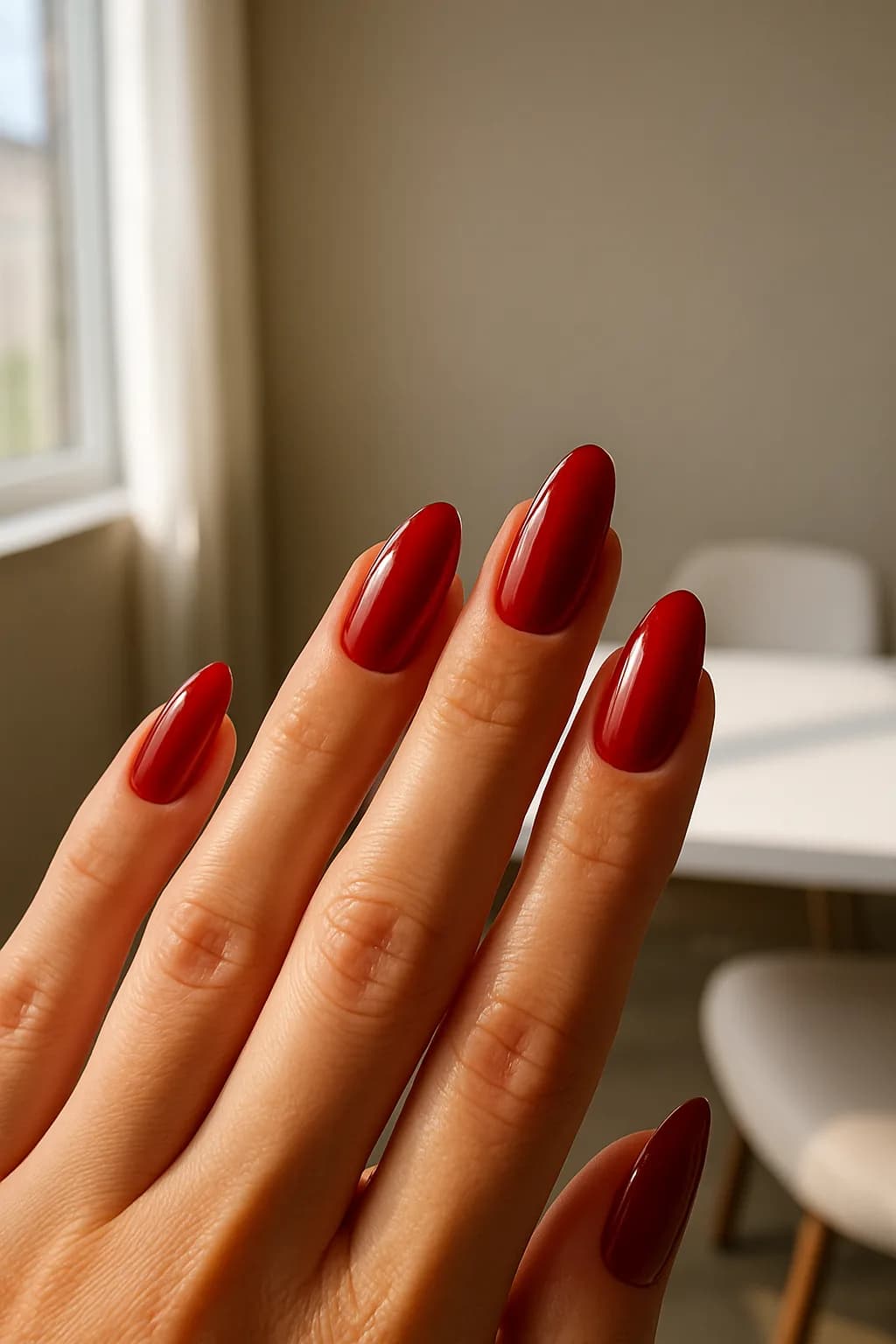 Close-up of almond-shaped nails painted in glossy red with studio lighting, showcasing detailed nail art.