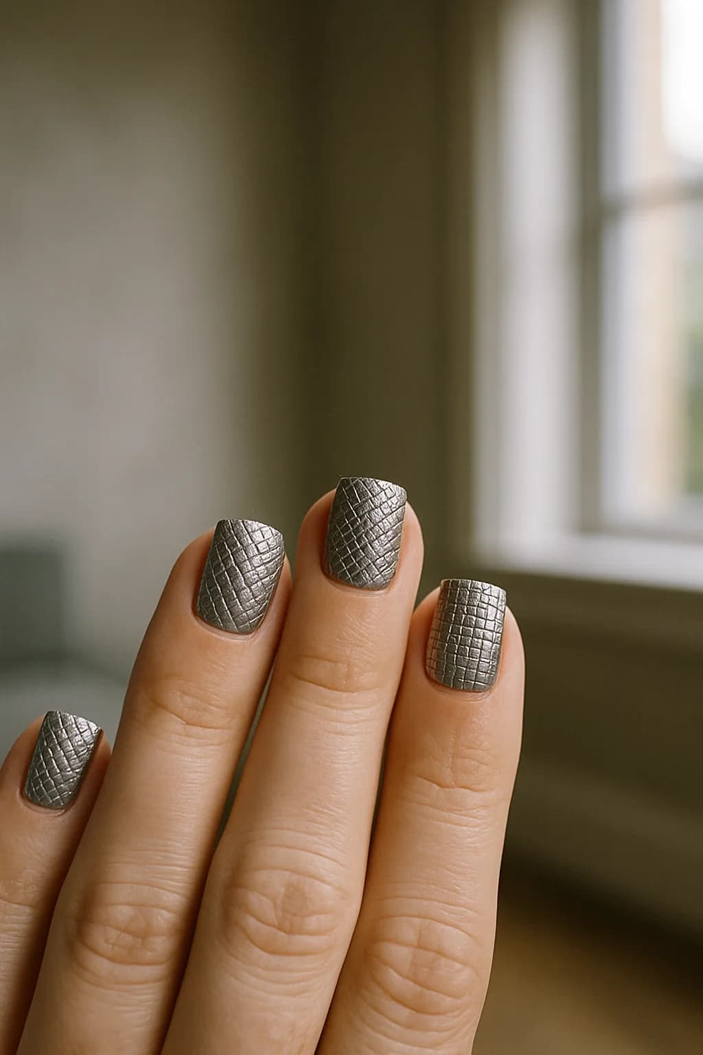 Close-up of short, square nails featuring a metallic pattern in silver and gold, illuminated by natural light.