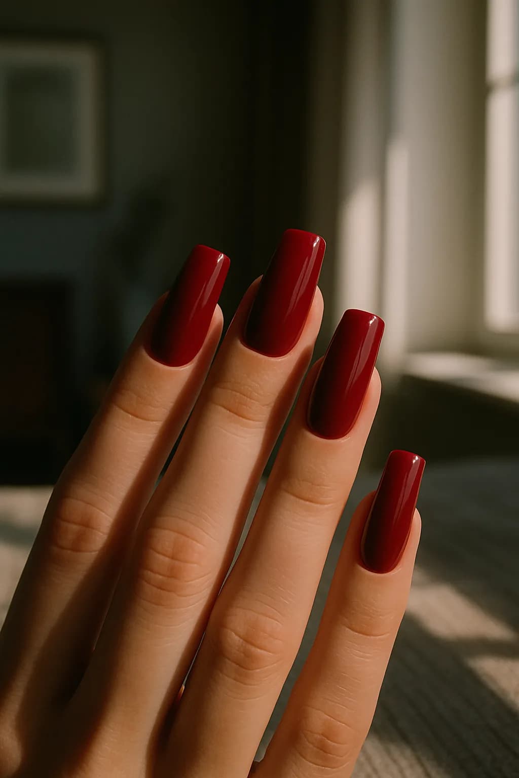 Long, square-shaped nails painted bright red with glossy finish, set against a dark background that casts moody shadows.