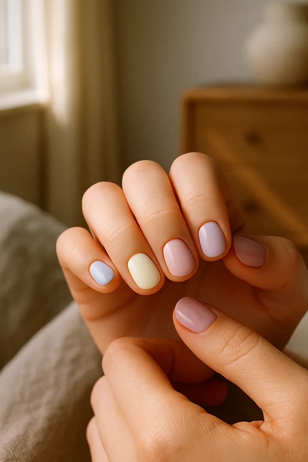 Close-up of oval nails painted in pastel colors of pink, blue, and lavender, illuminated by soft natural light.