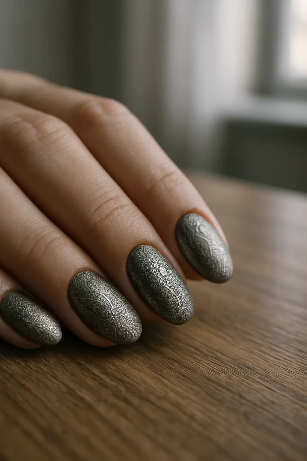 A close-up of medium oval nails featuring a metallic finish with detailed patterns, illuminated by soft studio lighting.