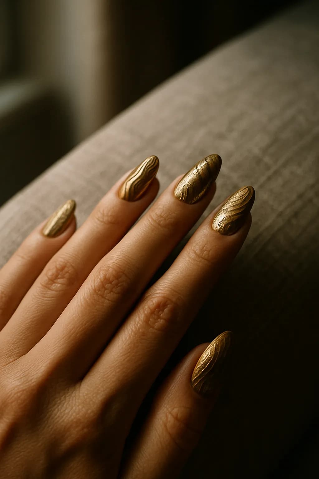 Close-up of almond-shaped nails featuring a metallic finish with detailed patterns, set against a dark background with moody shadows.