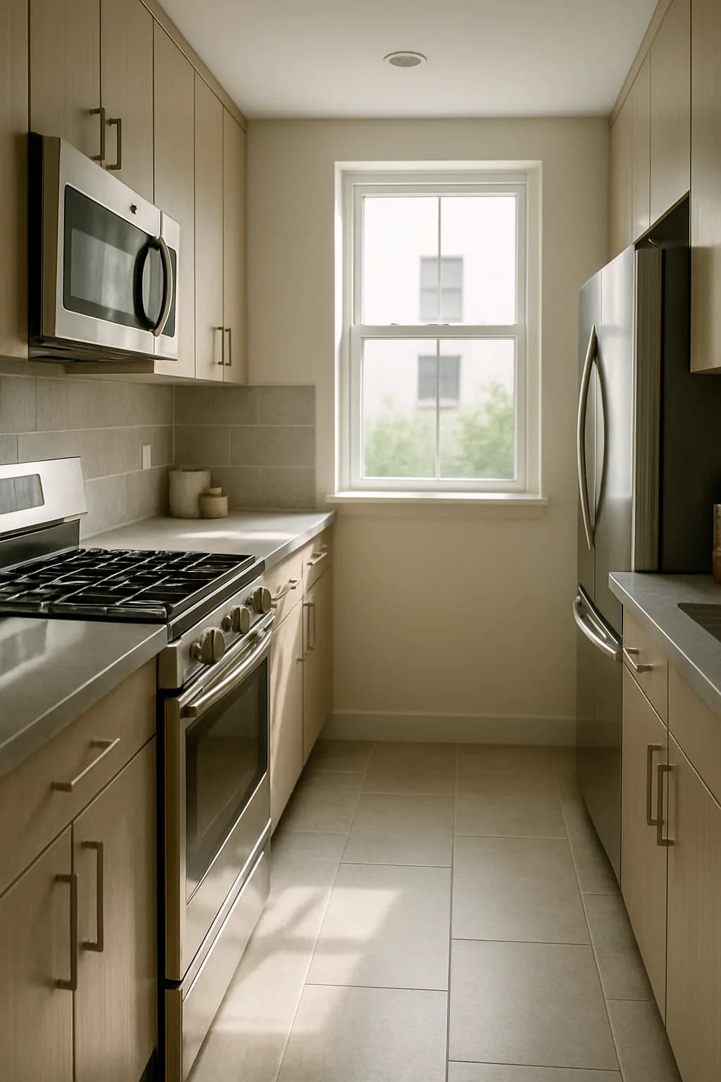 A modern galley kitchen with neutral color palette, natural light, and stainless steel appliances.