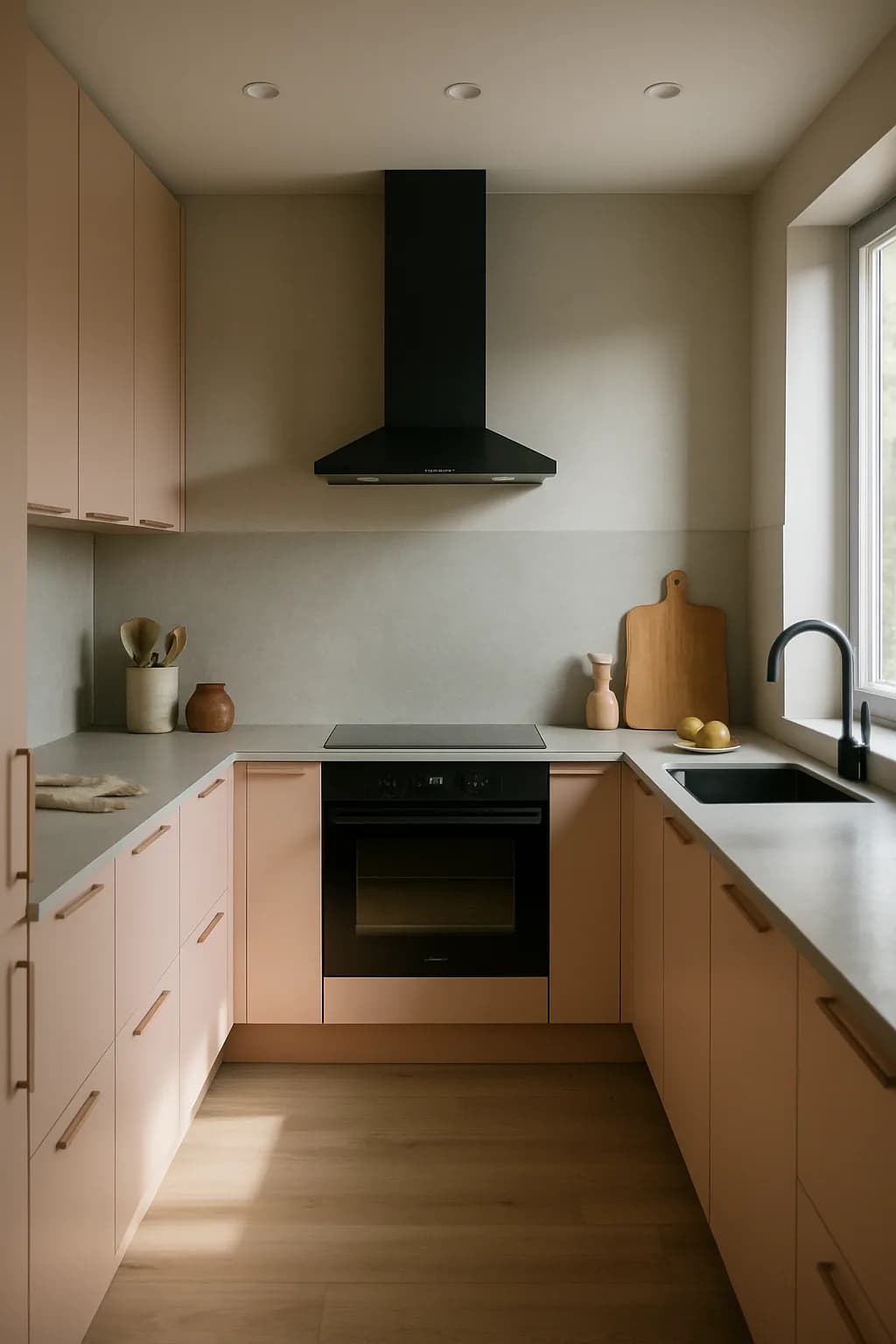 A U-shaped kitchen featuring pastel green and pink cabinetry, with matte black countertops and spot lighting enhancing its modern design.