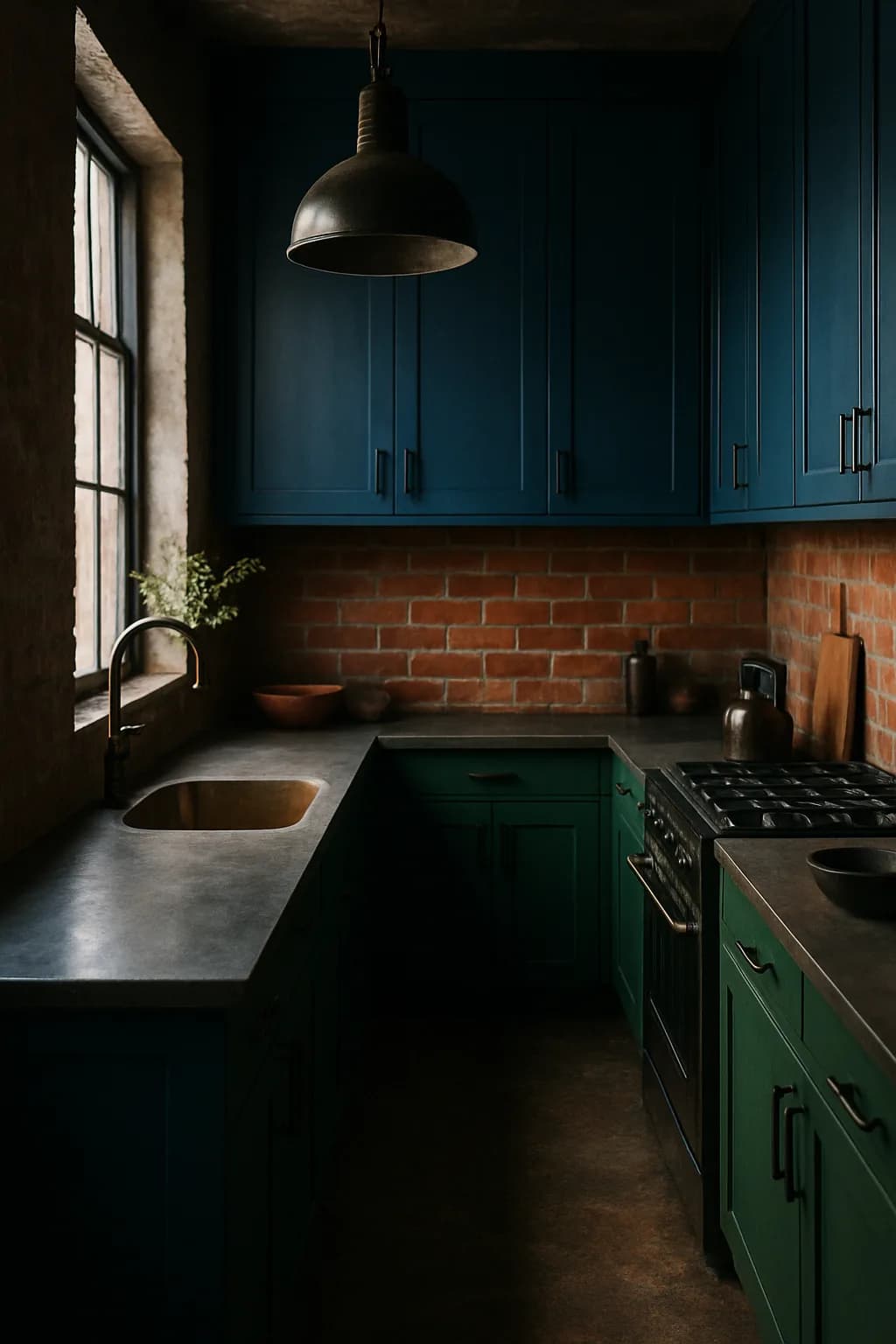 A vintage industrial kitchen with red and blue colors, featuring large windows and exposed brick walls. Steel appliances and wooden cabinets create a stylish contrast.