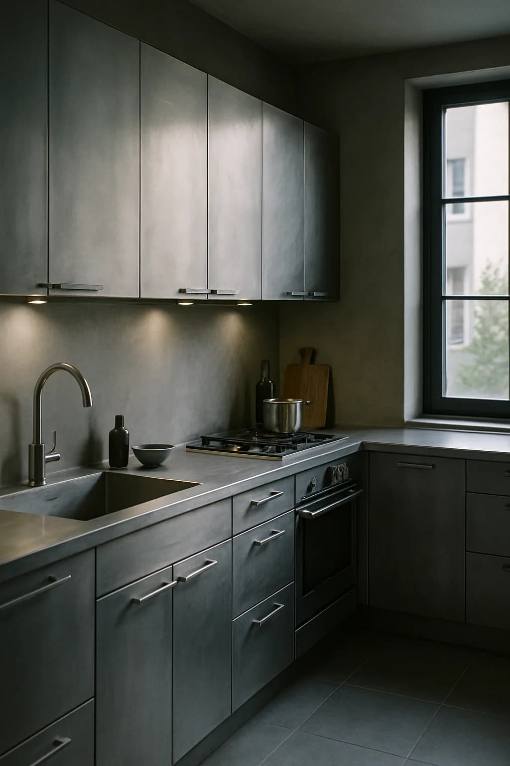 A U-shaped, polished stainless steel under-cabinet structure in a modern kitchen, showcasing a monochromatic design with bright lighting.