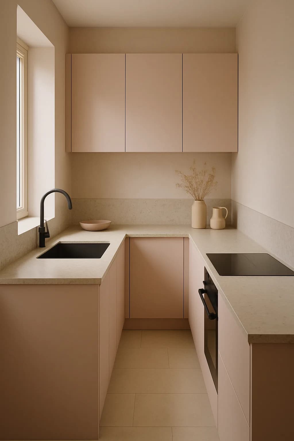 A minimalist galley kitchen featuring pastel green and pink cabinets with matte black hardware, illuminated by soft ambient lighting.