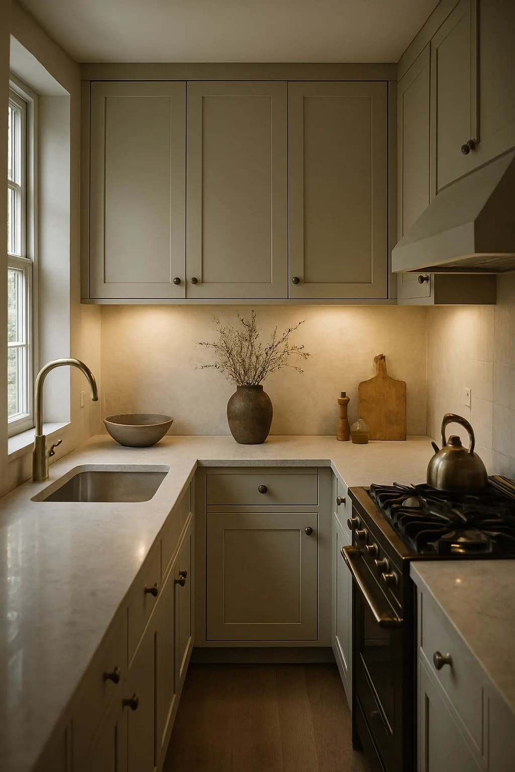 A modern galley kitchen featuring beige and gray cabinetry, with vintage fixtures and under-cabinet lighting illuminating a textured backsplash.