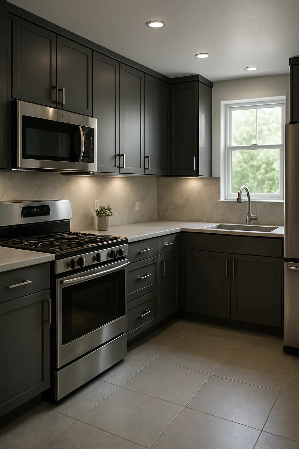 A contemporary U-shaped kitchen with stainless steel cabinets, white countertops, and spot lighting in a monochrome color scheme.