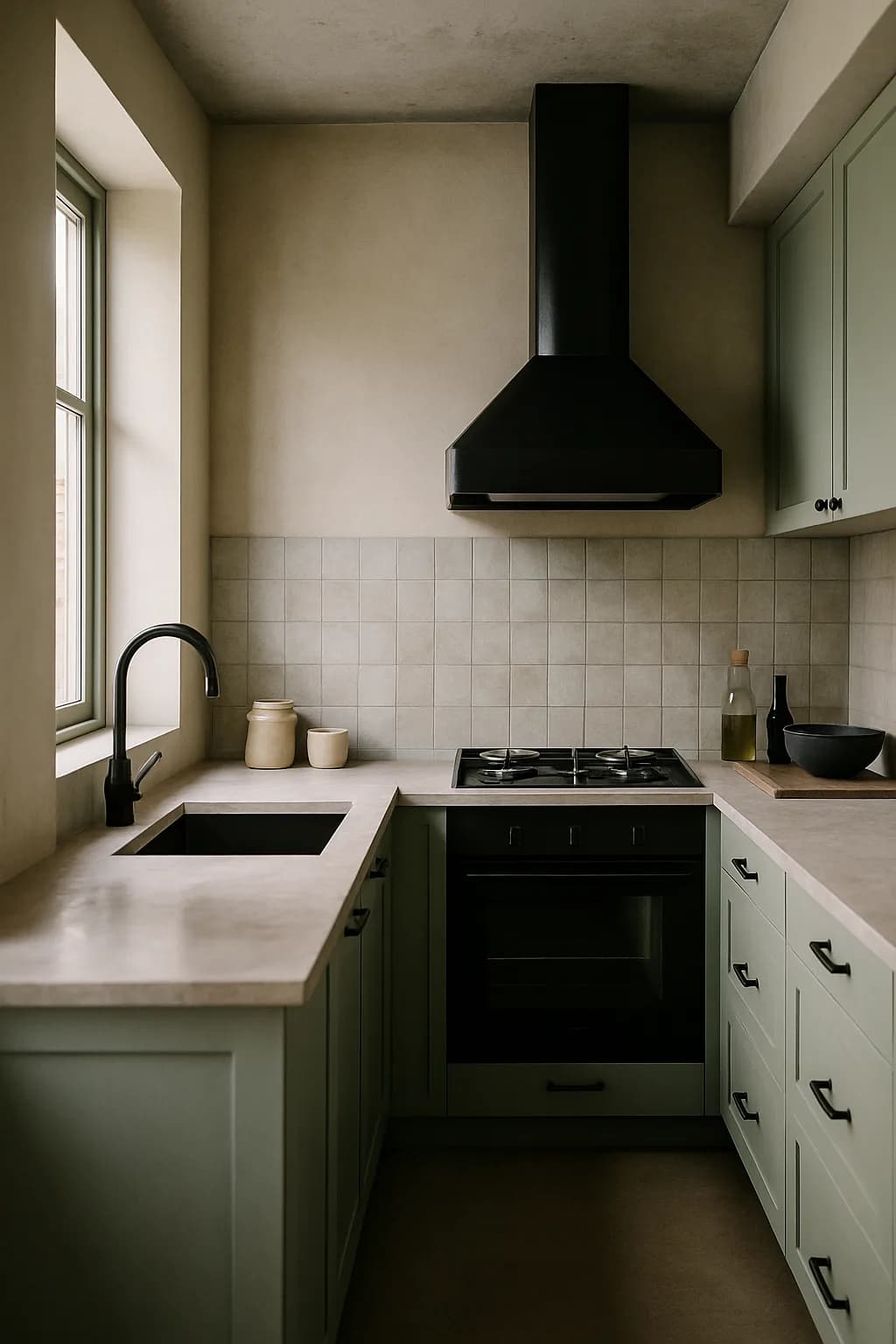 A galley kitchen with mint green and blush pink walls, matte black cabinets, and natural light illuminating the space.