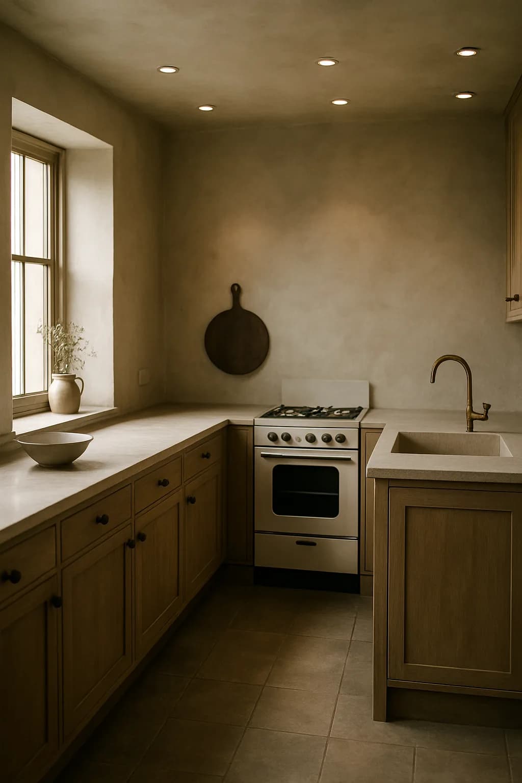 A U-shaped kitchen with minimalist design, featuring neutral colors and vintage appliances, illuminated by spot lighting.
