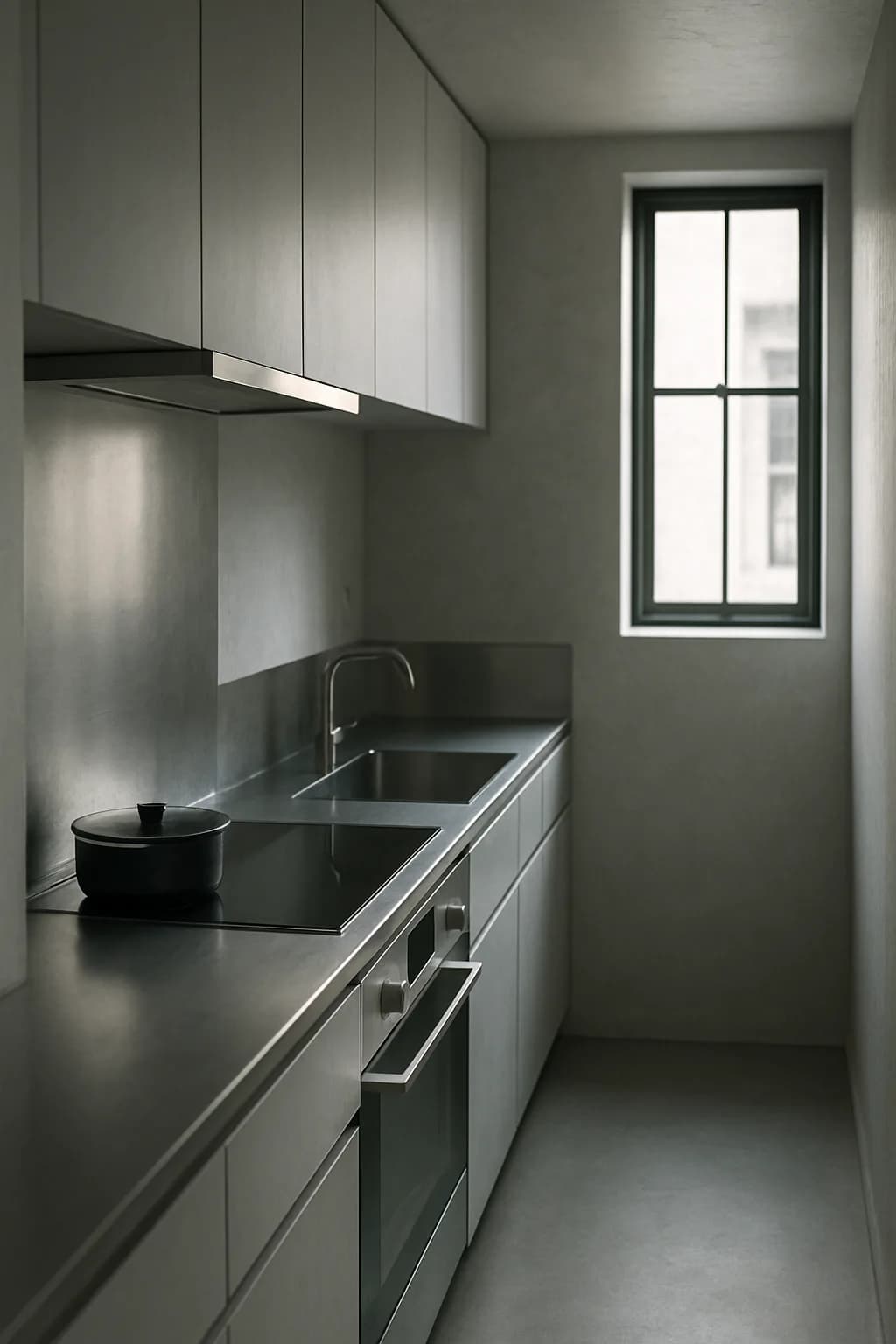 A minimalist galley kitchen with stainless steel appliances and a monochrome color scheme, illuminated by soft ambient light.