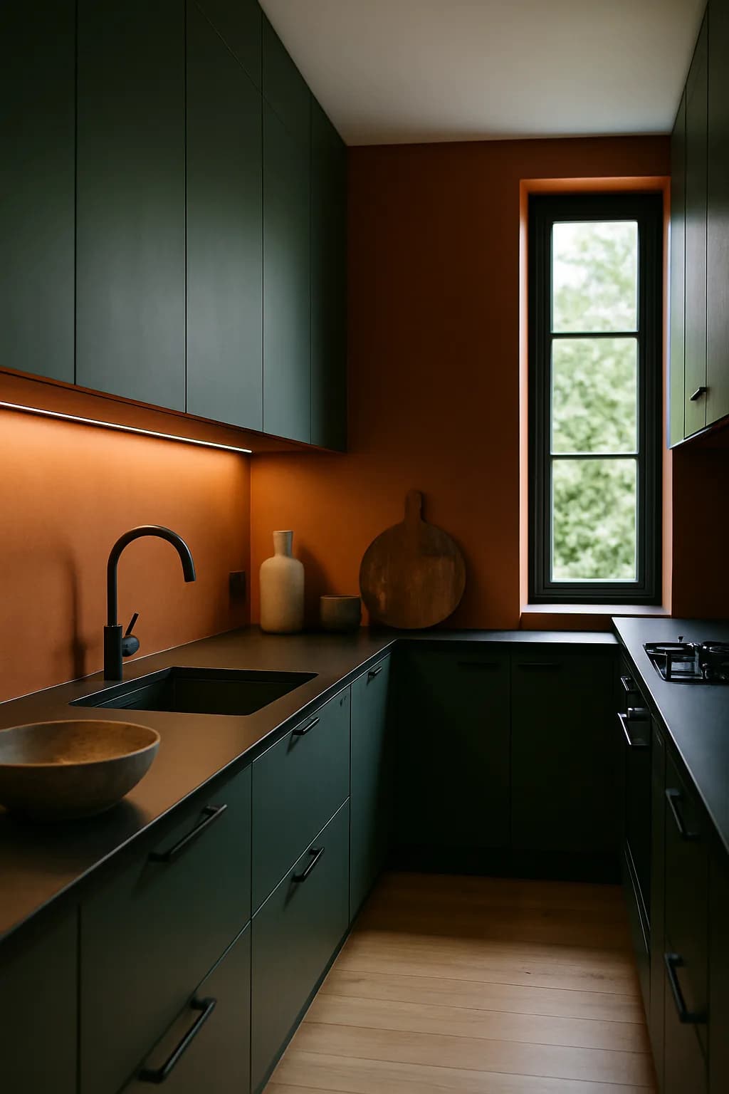 A modern kitchen with a galley layout, featuring under-cabinet matte black finishes and vibrant colors, emphasizing contemporary design and clean lines.