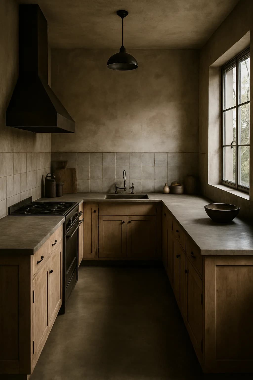 A U-shaped kitchen with vintage industrial design, featuring neutral cabinetry, stainless steel appliances, and exposed brick walls under soft ambient lighting.