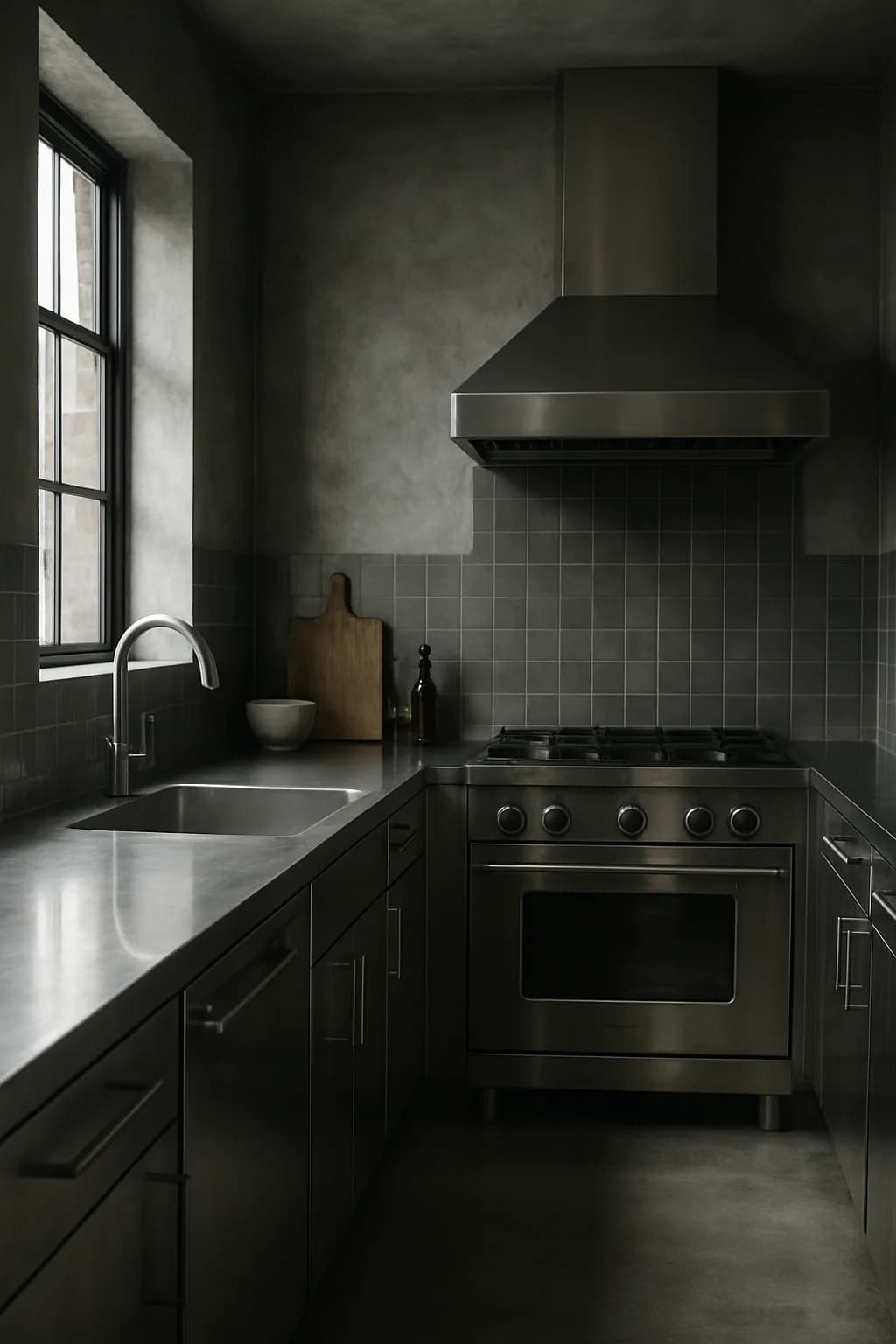 A sleek industrial galley kitchen featuring stainless steel cabinets and appliances, illuminated by natural light, with a minimalist design.
