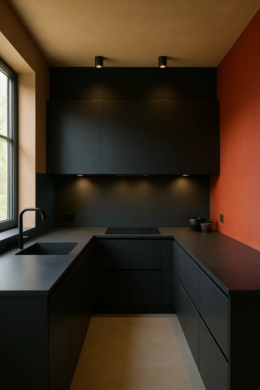 A U-shaped kitchen with matte black cabinets and bright accent colors, illuminated by spot lighting, emphasizing a minimalist design.