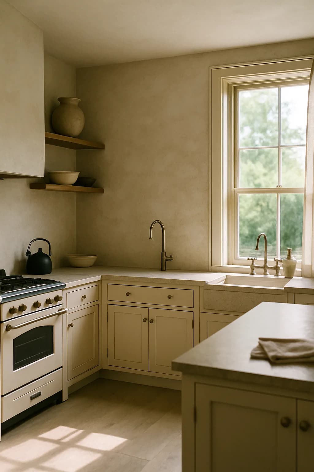 A photorealistic image of a U-shaped kitchen with beige and gray cabinetry, vintage hardware, and natural light illuminating the space.