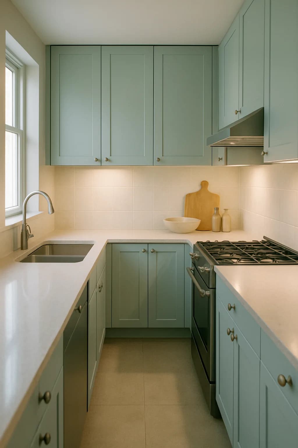 A modern galley kitchen showcasing pastel-colored cabinets, under-cabinet lighting, and stainless steel appliances, all in a photorealistic style.