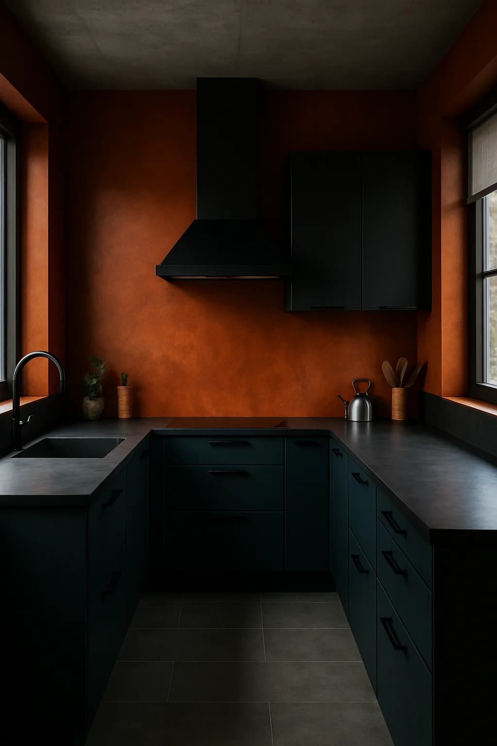 A U-shaped kitchen with deep red and yellow cabinets, matte black appliances, and soft ambient lighting, creating a modern industrial atmosphere.