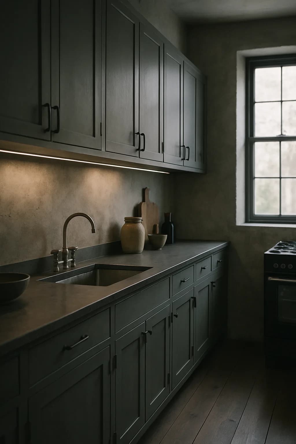 A vintage industrial kitchen featuring black cabinetry, white subway tiles, and under-cabinet lighting that highlights the metal finishes.