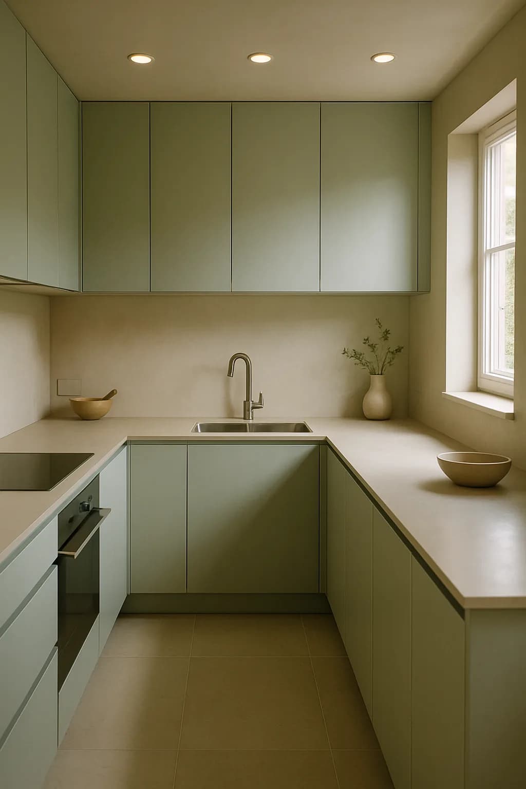 A U-shaped kitchen design with pastel mint green and blush pink cabinetry, stainless steel appliances, and spot lighting creating a bright ambiance.