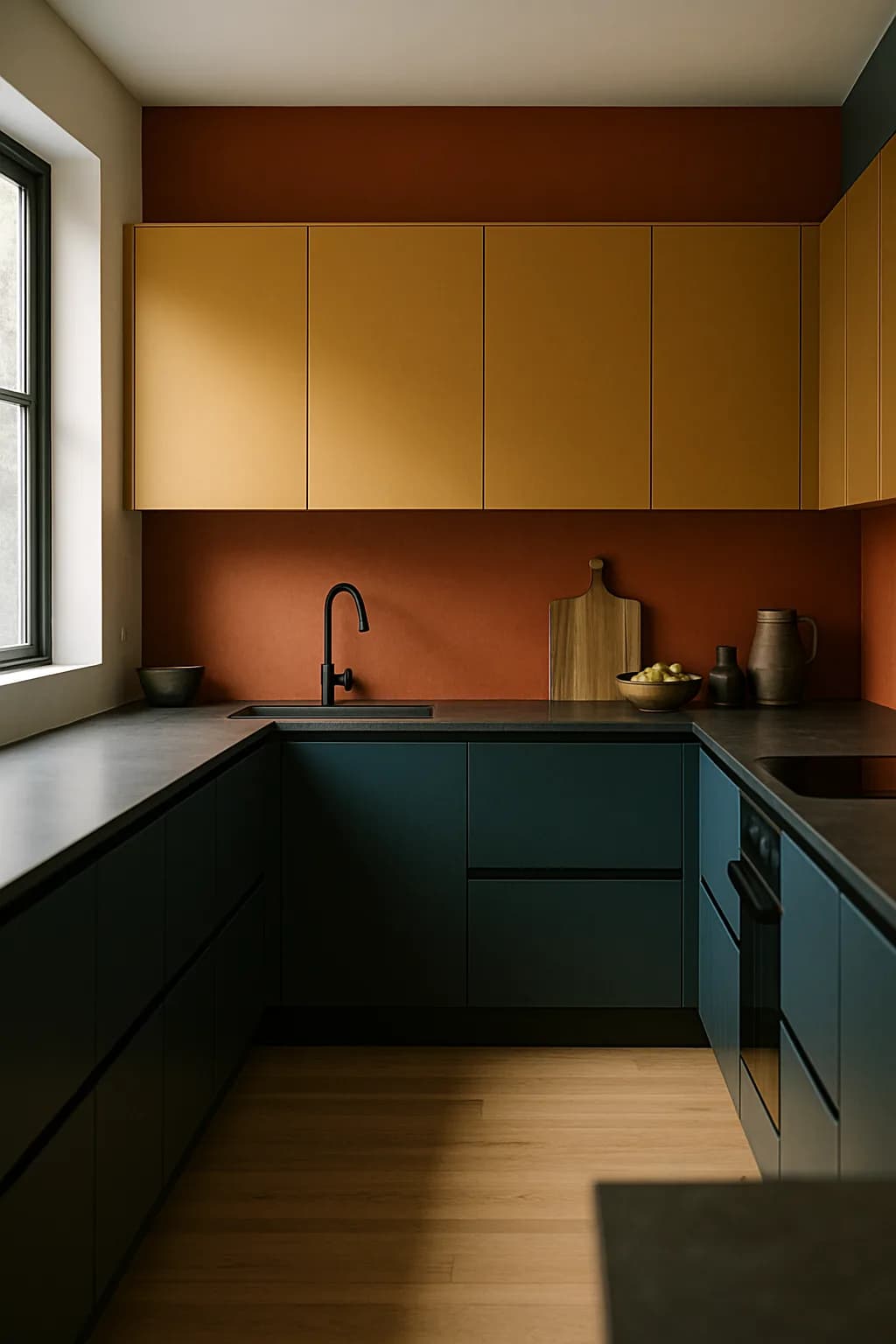 A contemporary U-shaped kitchen with matte black cabinetry, vibrant yellow and teal accents, illuminated by natural light.
