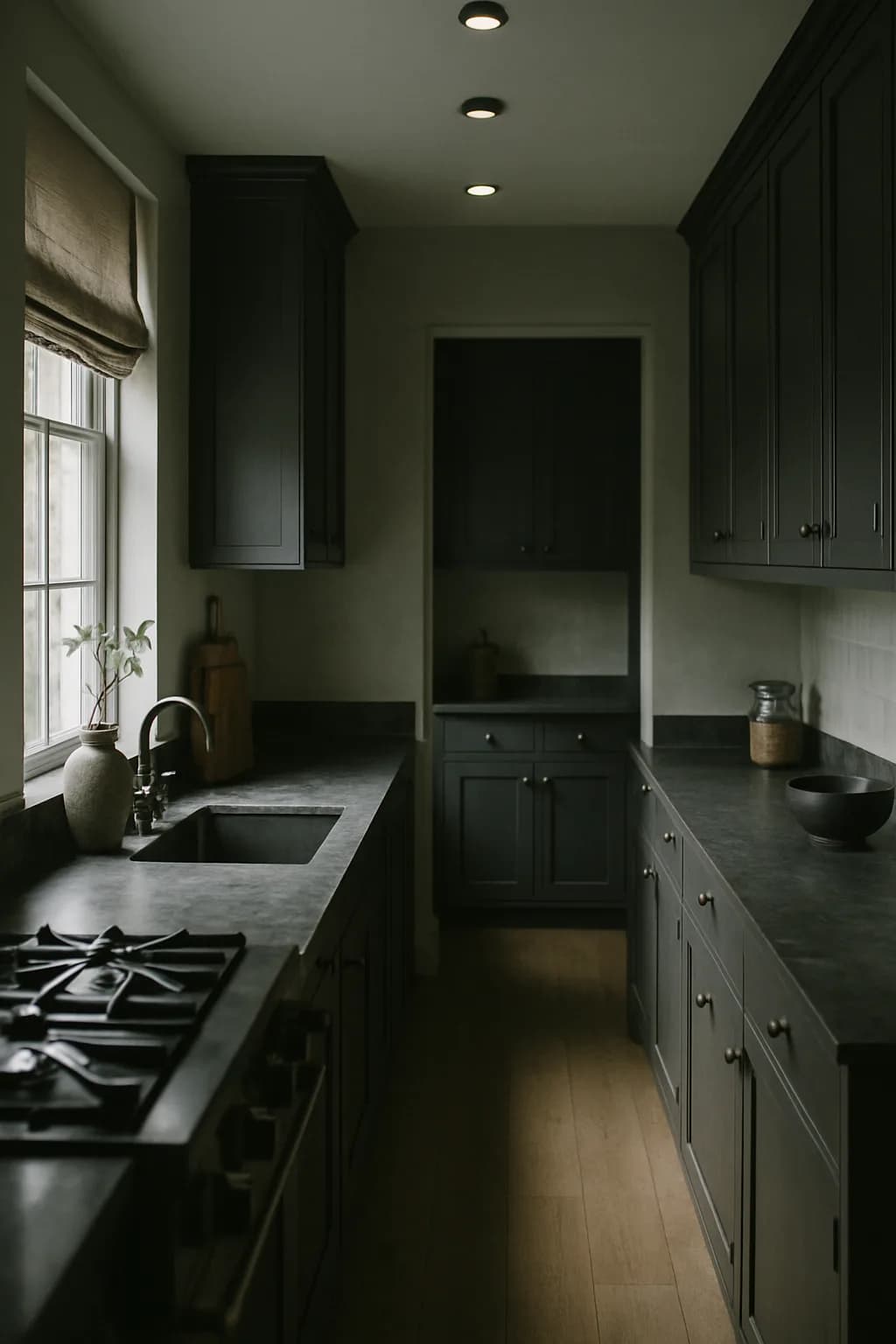 A modern kitchen with black and white cabinetry, vintage fixtures, and spot lighting illuminating the space.