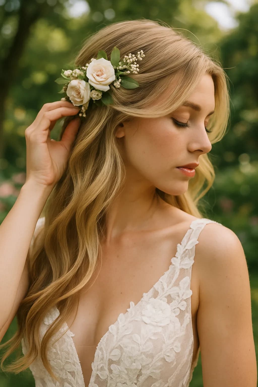 A macro shot of a long, blonde wedding hairstyle featuring intricate braids and white flower accents, set in a vibrant outdoor garden.